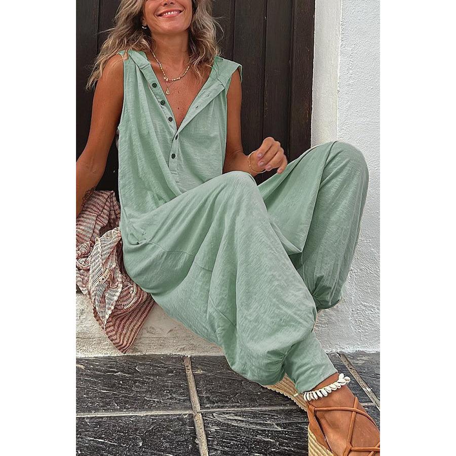 

2025 Utility Hooded Jumpsuit - Button Front Sleeveless Drop Crotch Romper with Pockets, Streetwear Oversized One Piece for Women 2XL фарби люмінесцентні зелений колір
