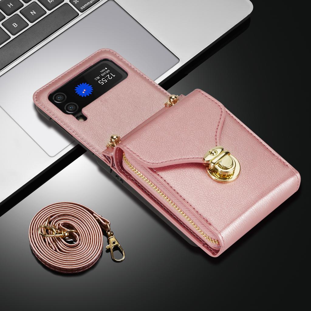 Long Lanyard Zipper Card Wallet Case For Samsung Galaxy Z Flip 7 6 5 4 3 5G Flip6 Flip7 Crossbody Leather Holder Purse Bag Cover