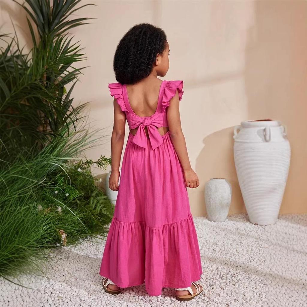 Kids' Summer Korean Puff Sleeve Open Back Dress with Sweet Square Neck