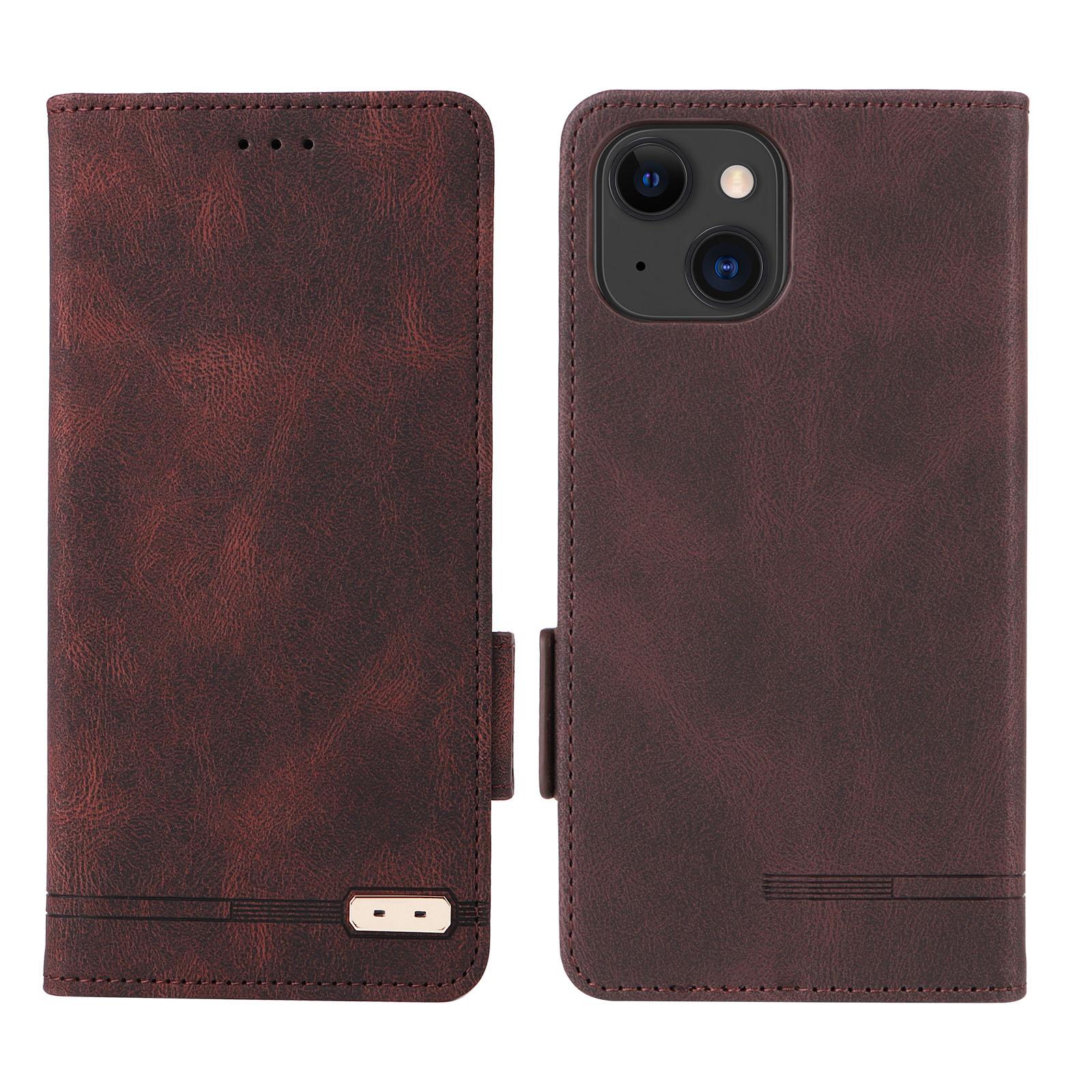 

For iPhone 15 Mobile Phone Case Hardware Decor PU Leather Wallet Stand Phone Cover Coffee