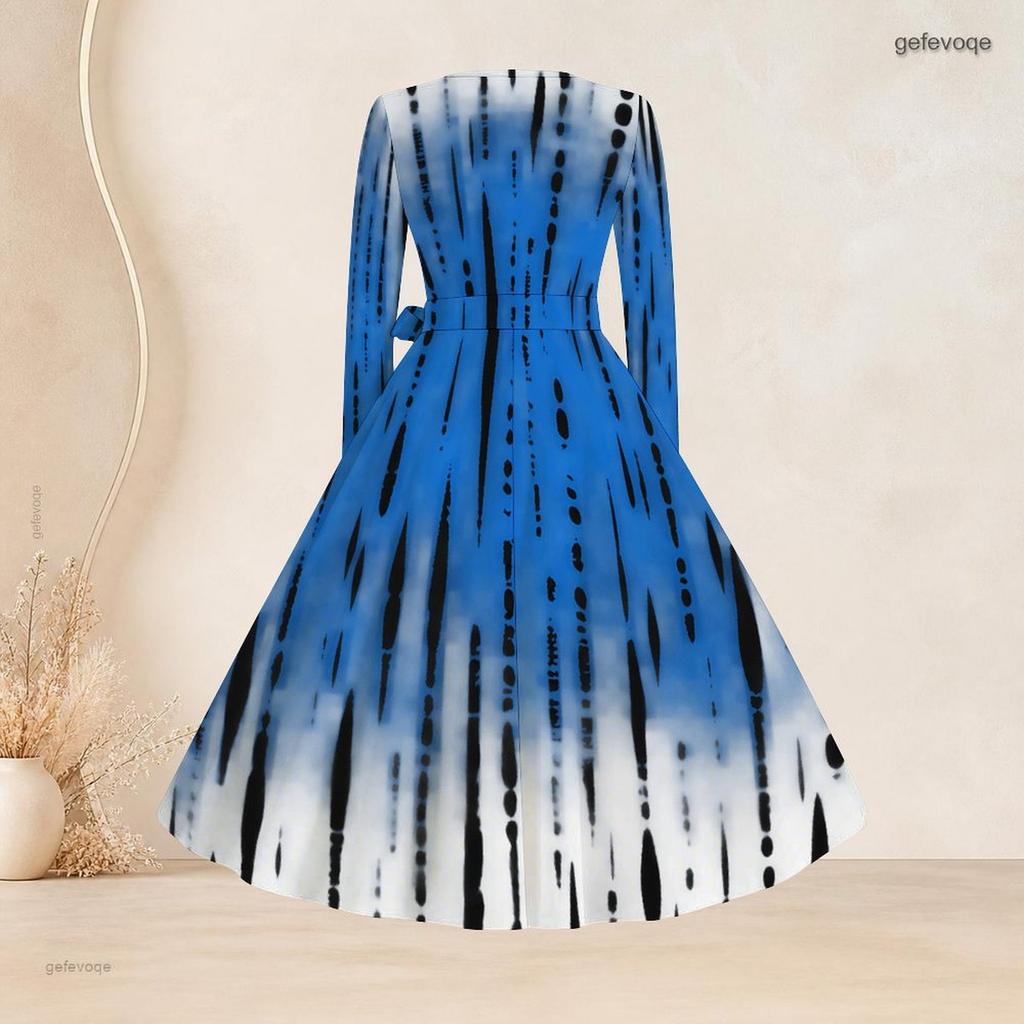 Women Plus Size Scalloped Square Neck Long Sleeve Printed Tie Waist A Line Dress