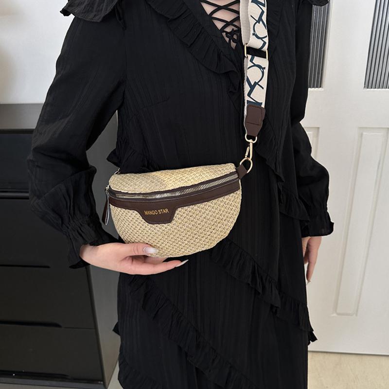 Women's Waist Pack Leather Straw Woven Chest Bag Travel Casual Shoulder Crossbody Bags For Women Summer Fanny Pack Purse CLE