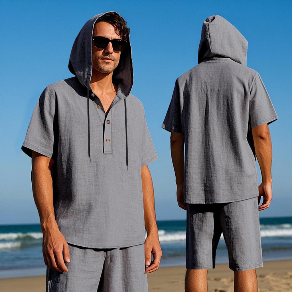Men'S Loose Hooded Casual Short Sleeved Shirt Beach Shorts Set