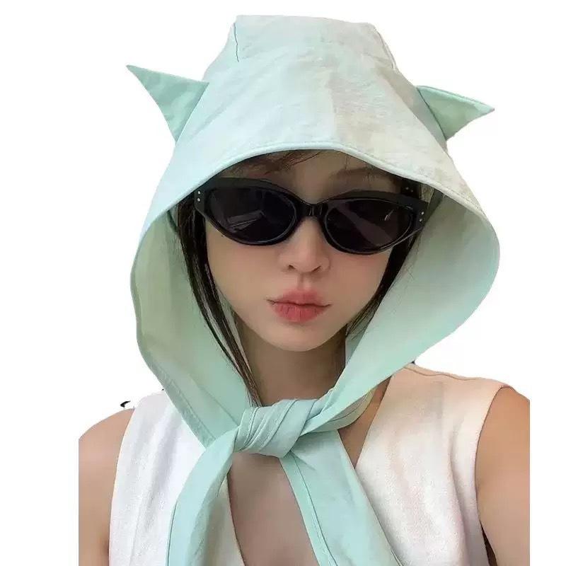 Little Devil Lace-up Quick-Drying Sun Protection Sun Hat Thin Ear Protection Turban Hat Student Cute Cat Ears Bucket Hat