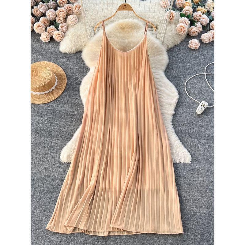 Idle Style Chiffon Pleated Long Sling Vacation Skirt