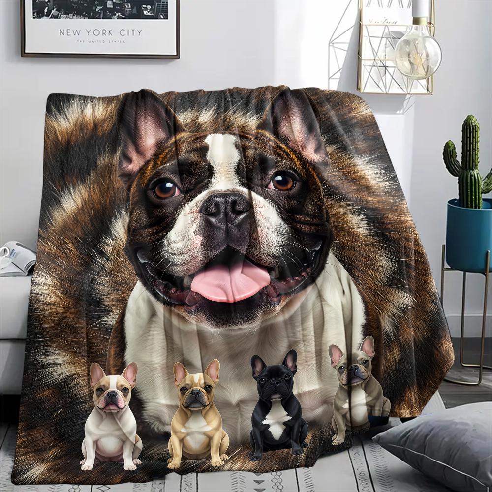 1Pc French Bulldog Print Flannel Blanket, High quality Comfortable for All Seasons, Home Decor, Warmth and Comfort, Perfect for Gifts