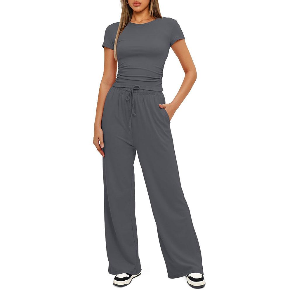 Ladies' Slim Fit Solid Color Casual Short Sleeved Top, High Waist Wide Leg Pants Sports Suit