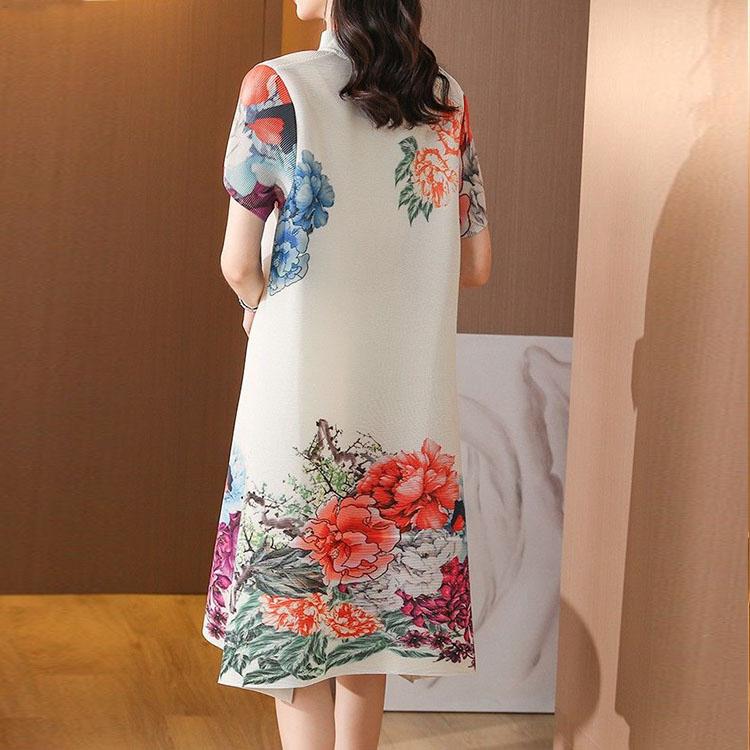 Vestido plisado estampado de manga corta de estilo chino Retro para mujer nuevo verano falda reductora de edad con hebilla y cuello levantado para mujer