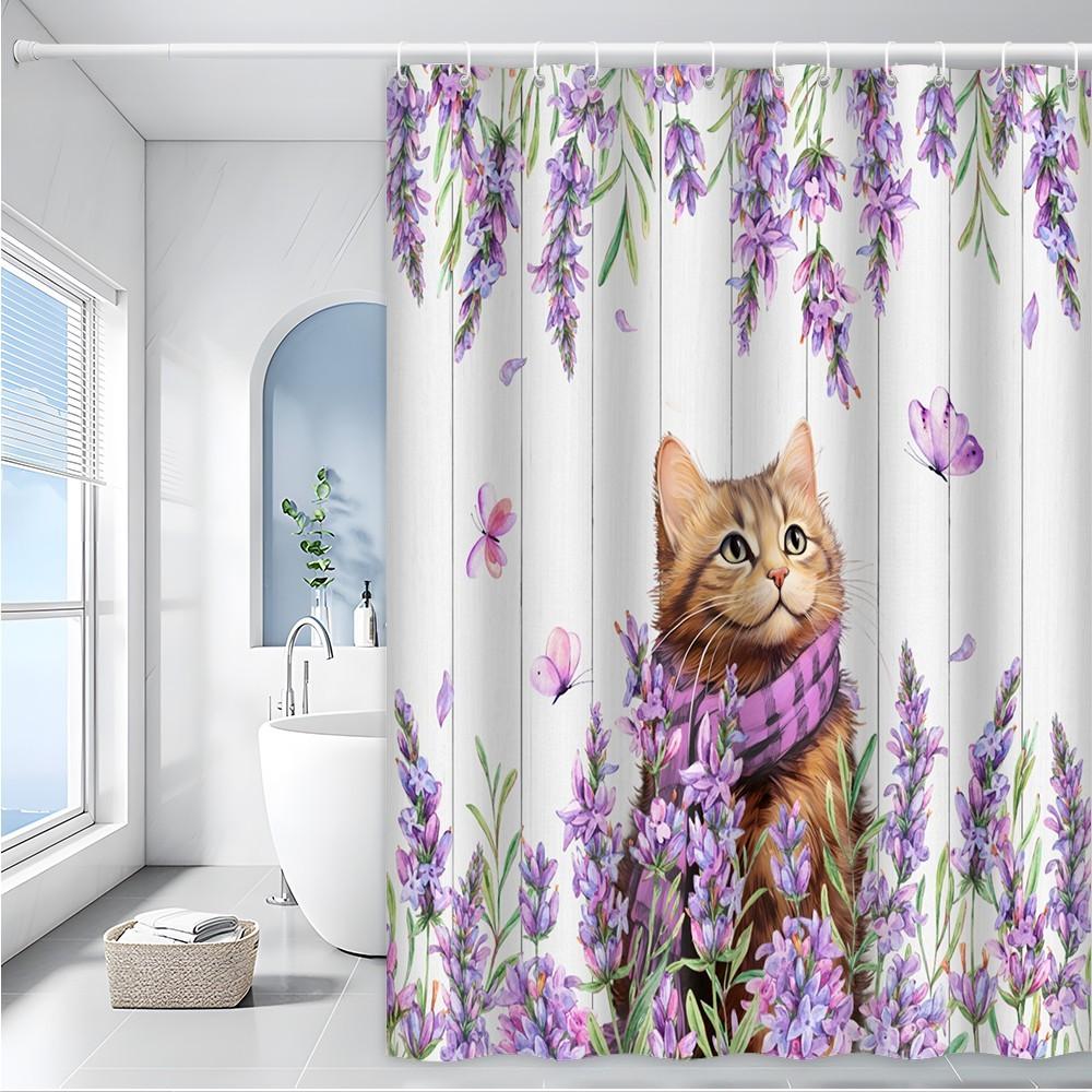 

Lavender Cat Shower Curtain Purple Flowers Butterflies Cute Kitten Garden Art Elegant Bathroom Decor Waterproof Quick Setup W60H190(CM)-1 Pcs