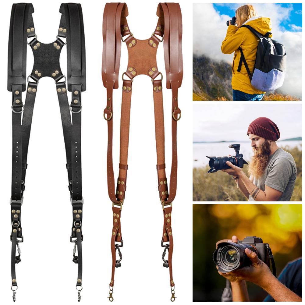 Double Shoulder Camera Strap Adjustable Dual Leather Rivet Camera Shoulder Belt Harness Outdoor Photography Tool For Canon Nikon