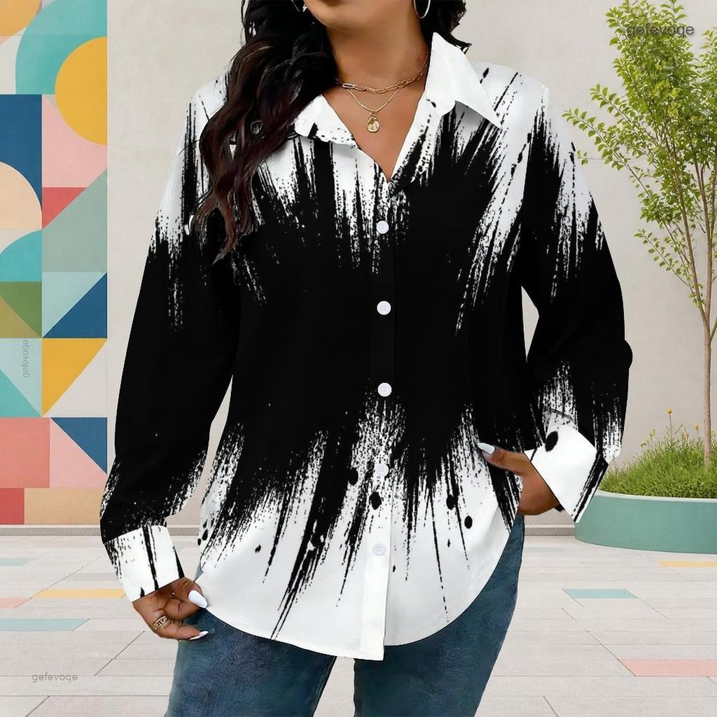 Women Plus Size Collared Neck Long Sleeve Black White Printed Button Front Curved Hem Shirt