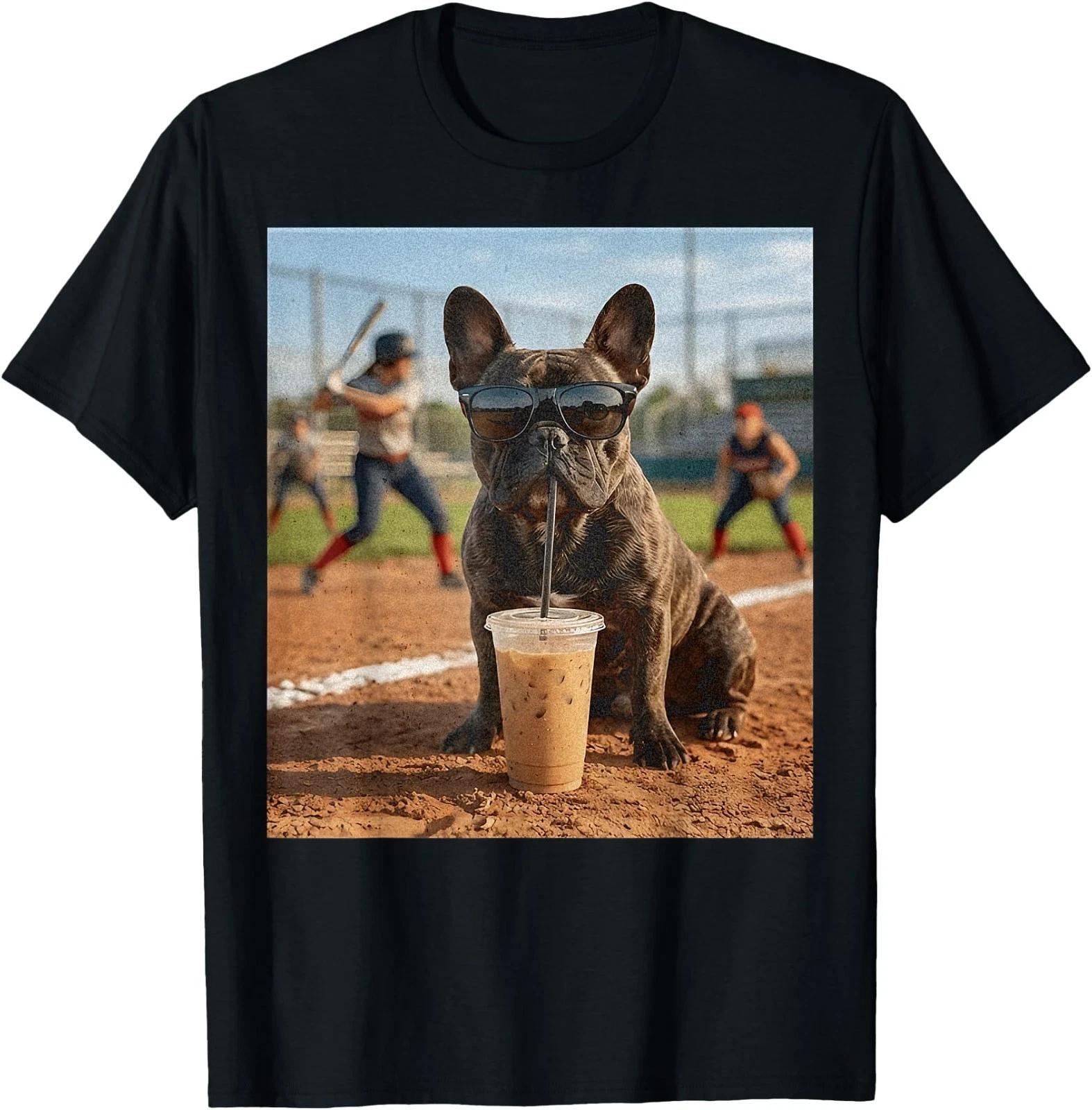 French Bulldog Drinking Iced Coffee Softball Ball Field T-Shirt M