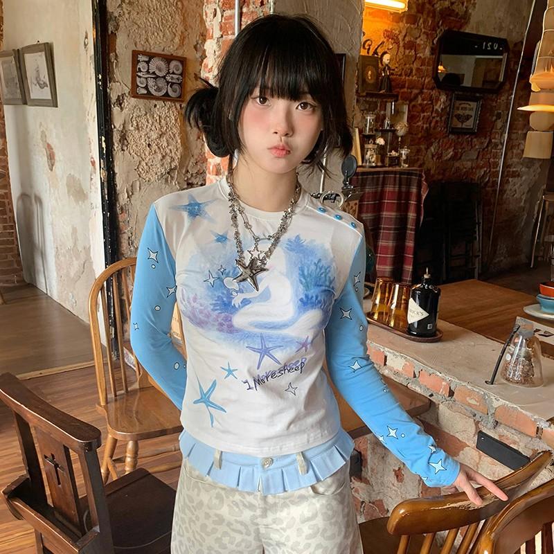 VAYLA Japanese Y2k Anime Print T-shirt Vintage 2000s Aesthetics Patchwork Top Fairycore Blue Long Sleeve T Shirt Lolita Kawaii