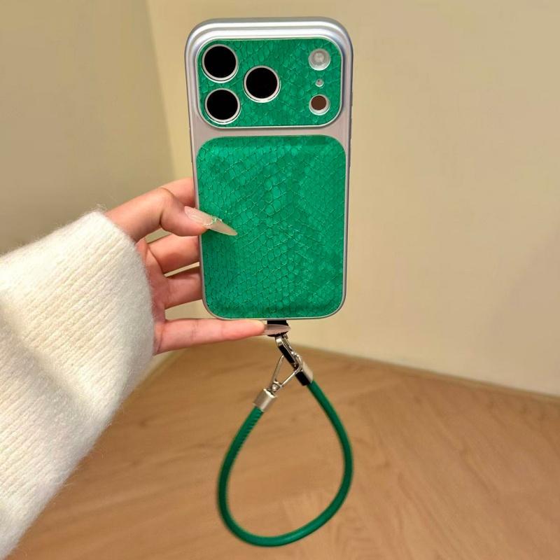 Luxury Leather Lanyard Snakeskin Plating Case for iPhone 17 16 15 14 Pro Max Shockproof Hard Armor Business Glossy Phone Cover