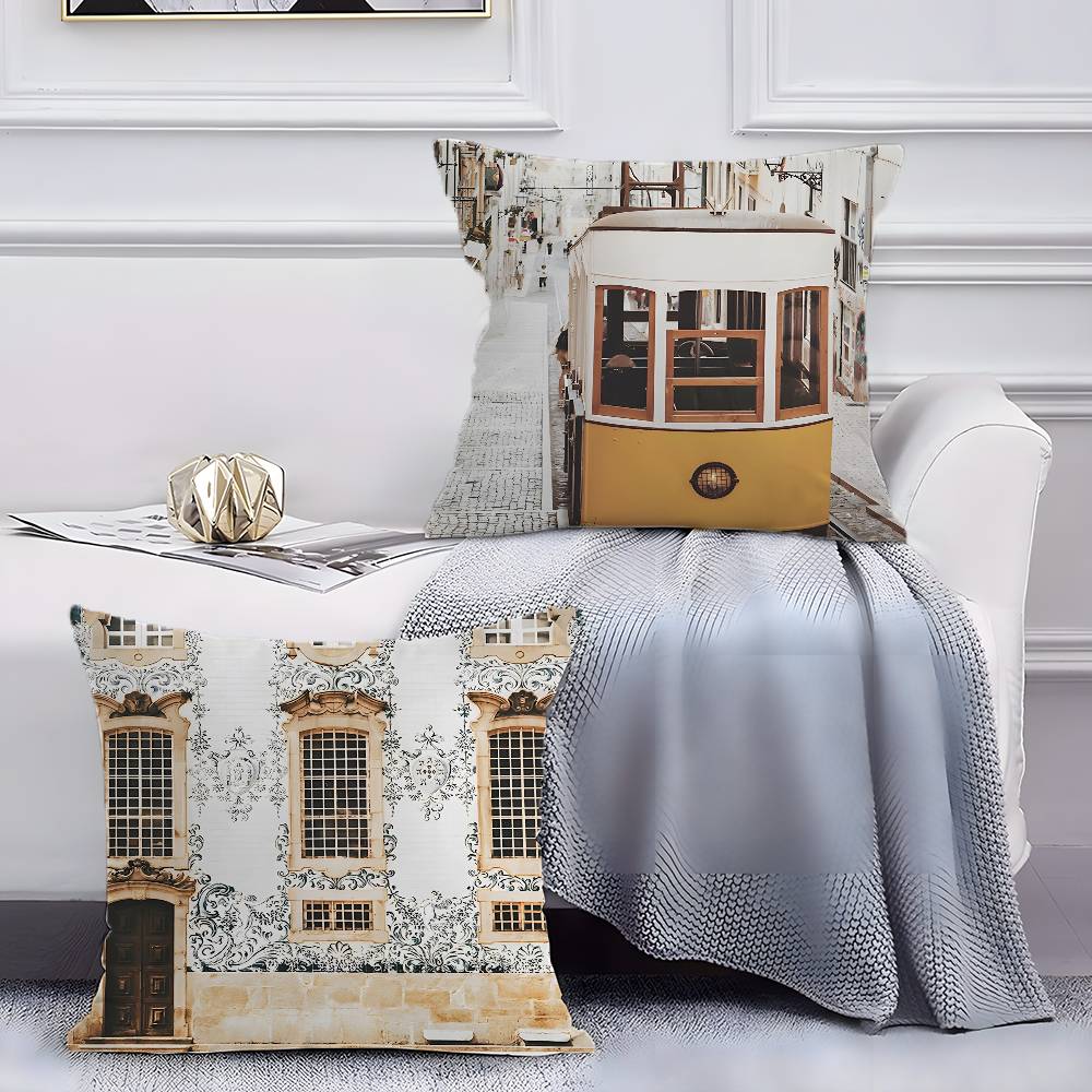 Spanish Beach Island Architecture Art Pillow Case Anti-dustmite Pillowcase Invisible zipper silky short plush Sofa cushion cover