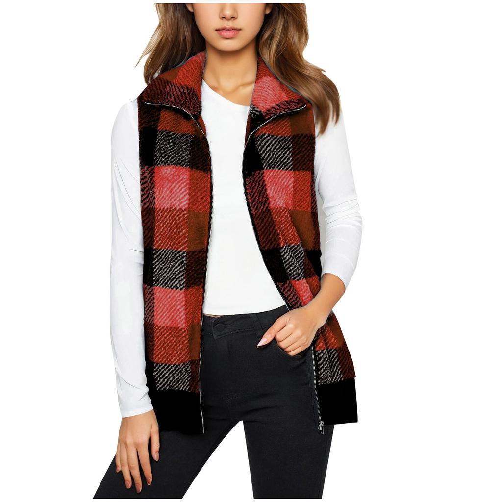 Women's Zipper Plaid Vest Sleeveless Lapel Front Cardigan Wool Sweater Autumn Fashion Plush Jacket Coat