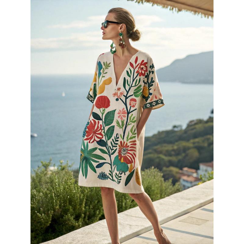 2026 summer European and American new loose printing V-neck women's casual vacation dress