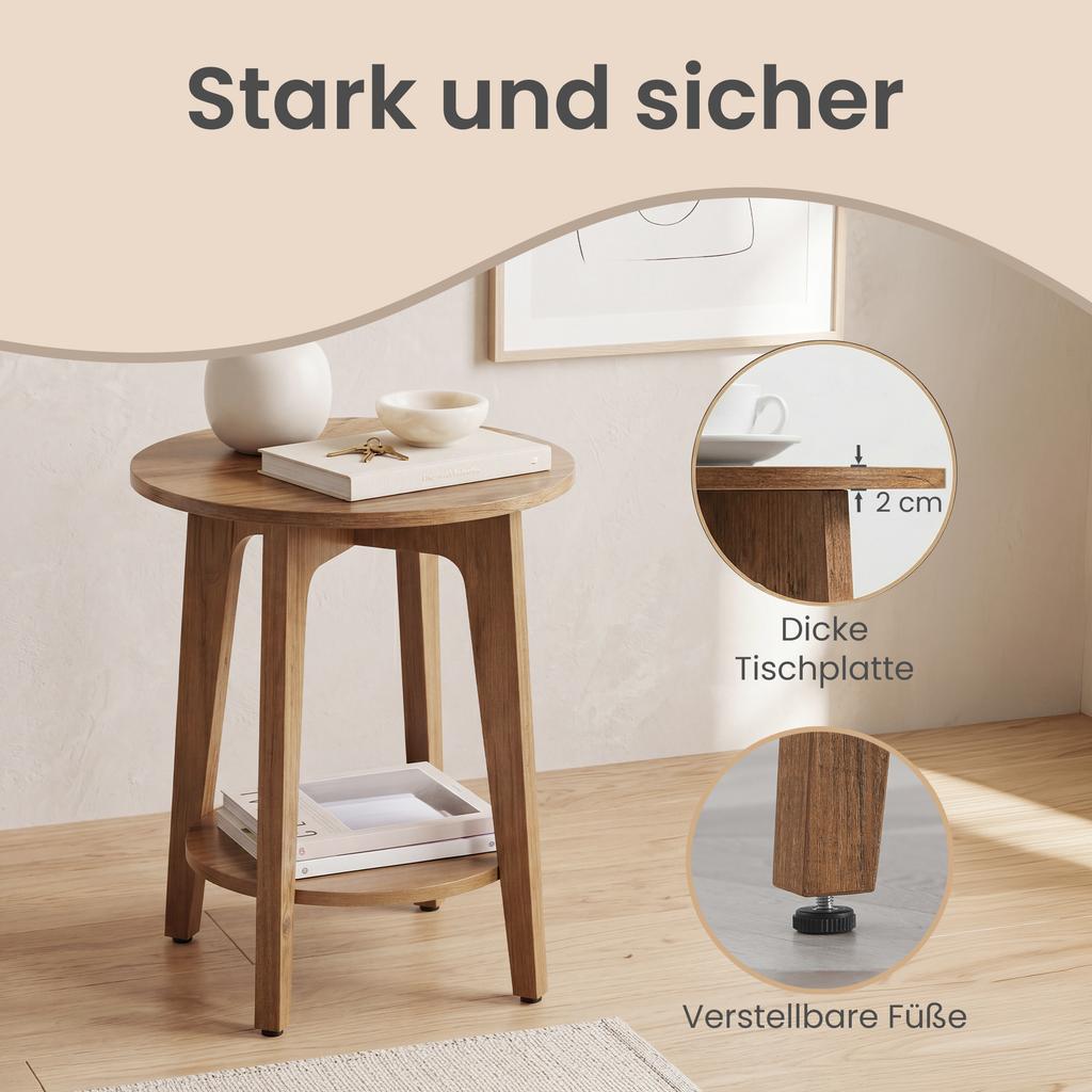 VASAGLE Maezo Kollektion - Beistelltisch mit unterem Regal, Moderner Stil, Nachttisch, Sofaecke, für kleine Räume, Wohnzimmer, Honigbraun