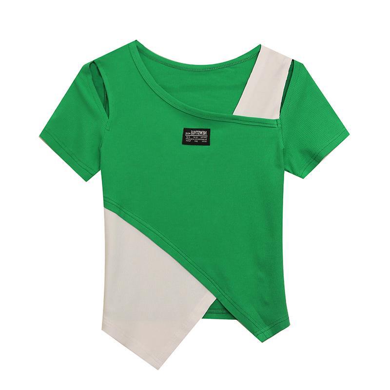 2023 European Style Slim Fit Off-Shoulder Hollow-Out Irregular Hem Color Block T-Shirt