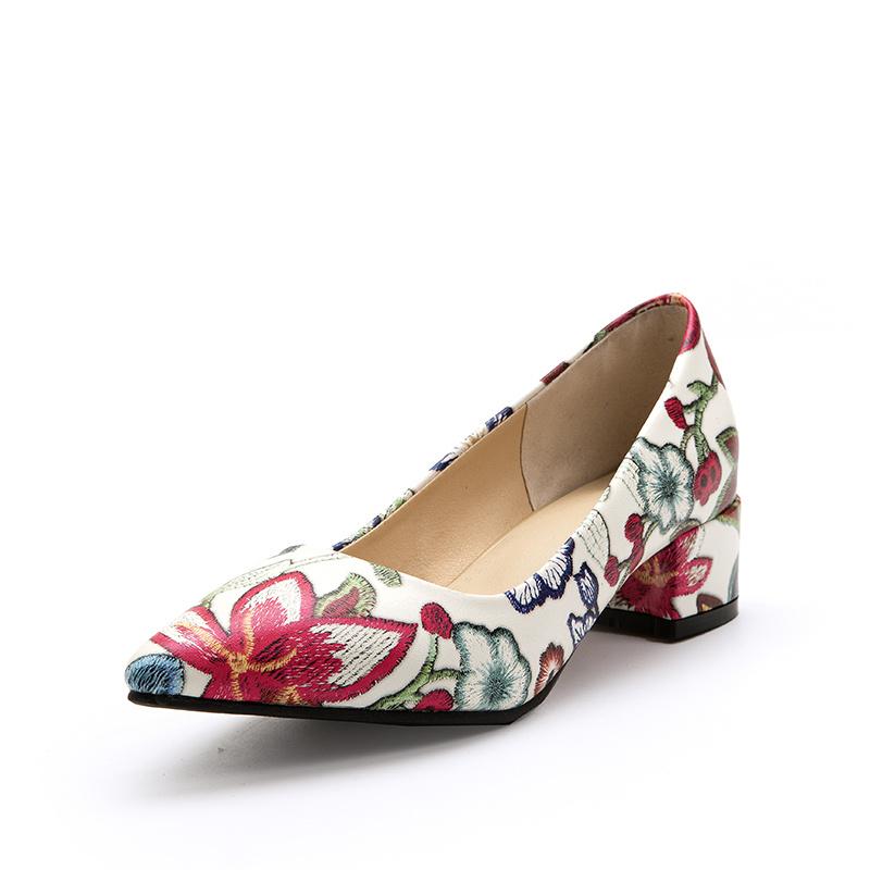 Elegant Flower Print Low Heels Shoes Woman Casual Shallow Party Pumps Female Short Heels Designer Loafer Shoes Large Size 45
