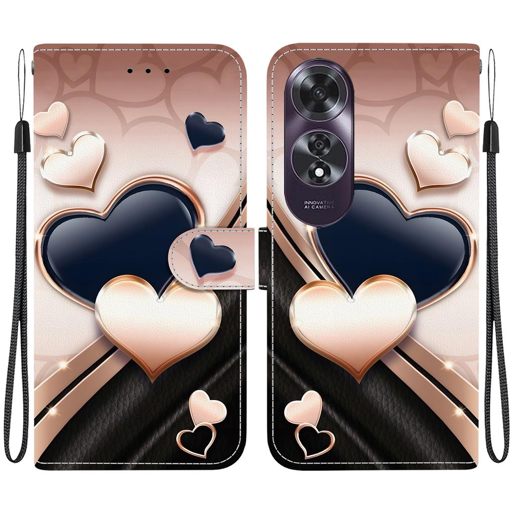 Handmade PU Leather Flip Case for Oppo A60 4G Anti-Slip Shockproof Cover with Wrist Strap & Heart/Rose Cat Designs