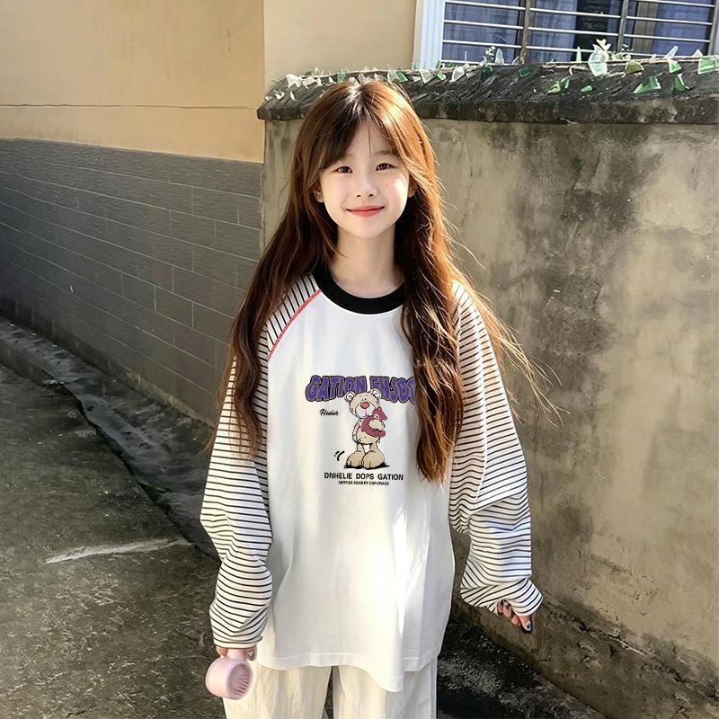 Girls' Cotton Striped Long-Sleeve T-Shirt, Sizes 6-12, Perfect for Spring/Autumn, Versatile Color Block, Round Neck