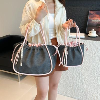 Fashion Denim Canvas Tote Bag Bucket Bag New Trend Drawstring Handbag Shoulder Bag