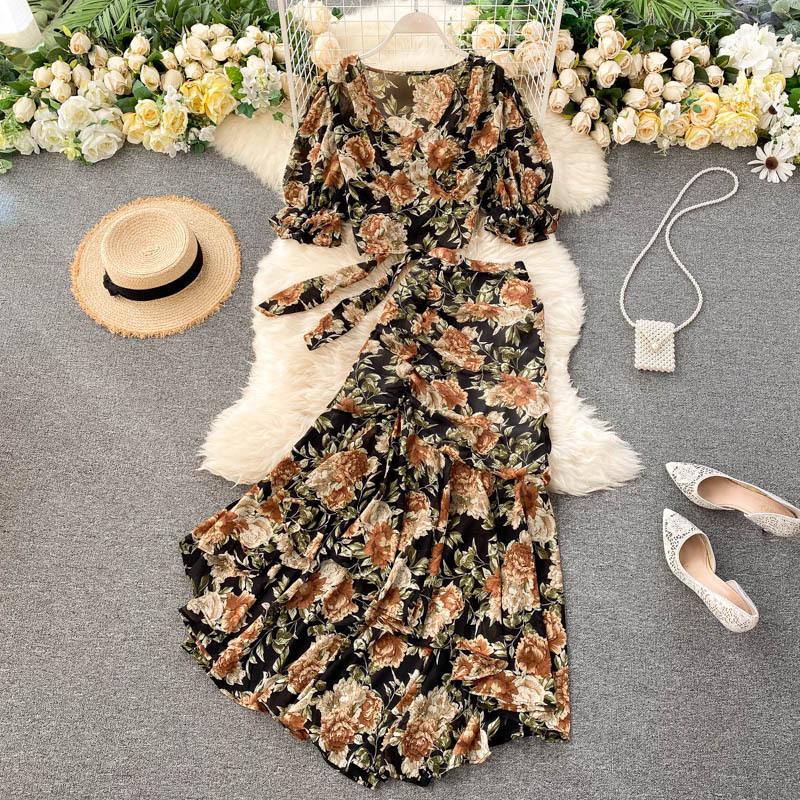 Vacation Two-Piece Set: Women's Tie-Up Chiffon Blouse & Mermaid Skirt