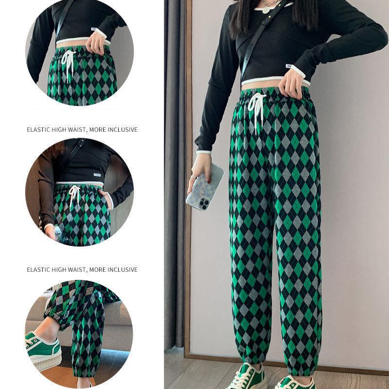 Summer Women's Harem Pants Plaid Print High-waisted Corset Casual Cropped Pants
