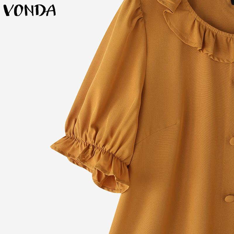 VONDA Women Summer Ruffled Neck Puff Sleeve Solid Color Casual Cropped Blouse