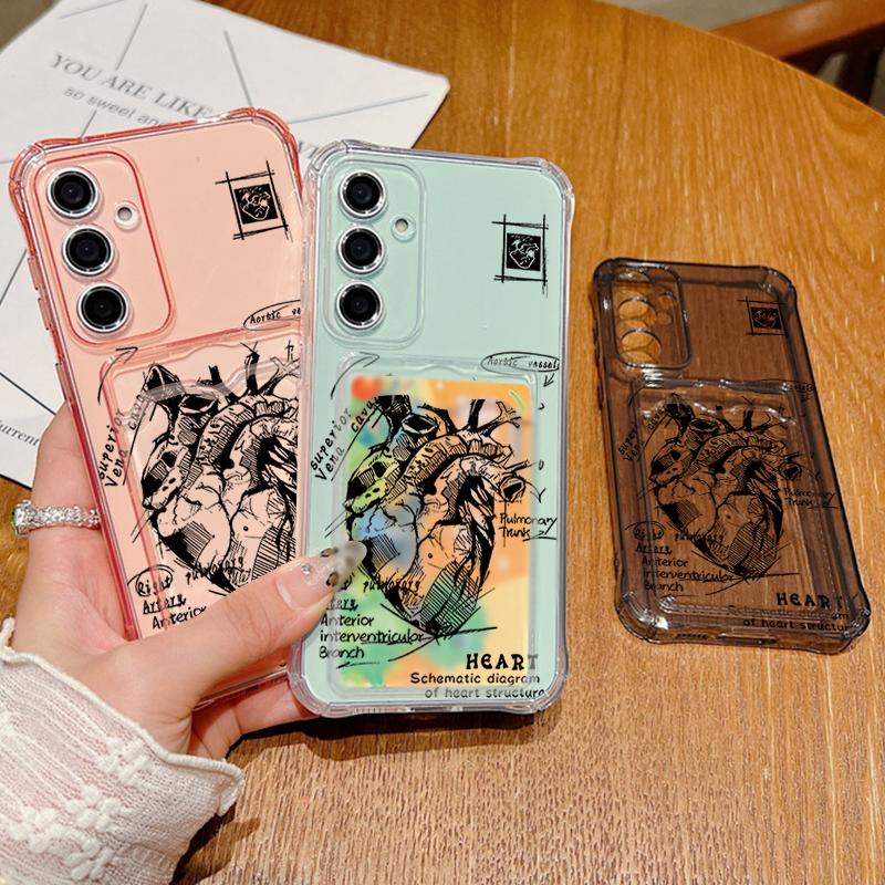 Przezroczyste silikonowe etui z przegródką na karty z nadrukiem serca dla Samsung S25 Ultra S24 FE S23 A56 A16 A36 A55 A15 A35 Wstrząsoodporne Miękkie Smukłe Etui na Telefon