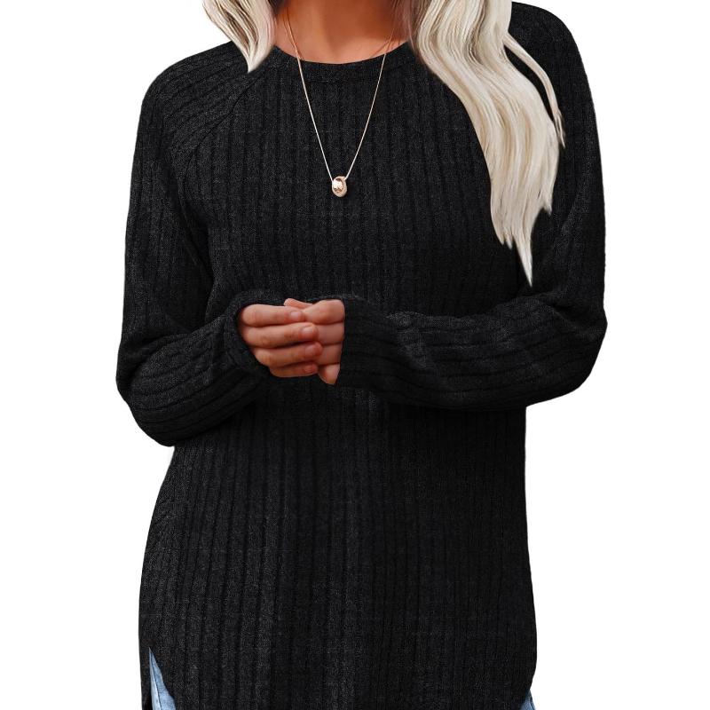 Dámský ležérní svetr s dlouhým rukávem, kulatým výstřihem, dlouhým rukávem, jednobarevný, s žebrováním