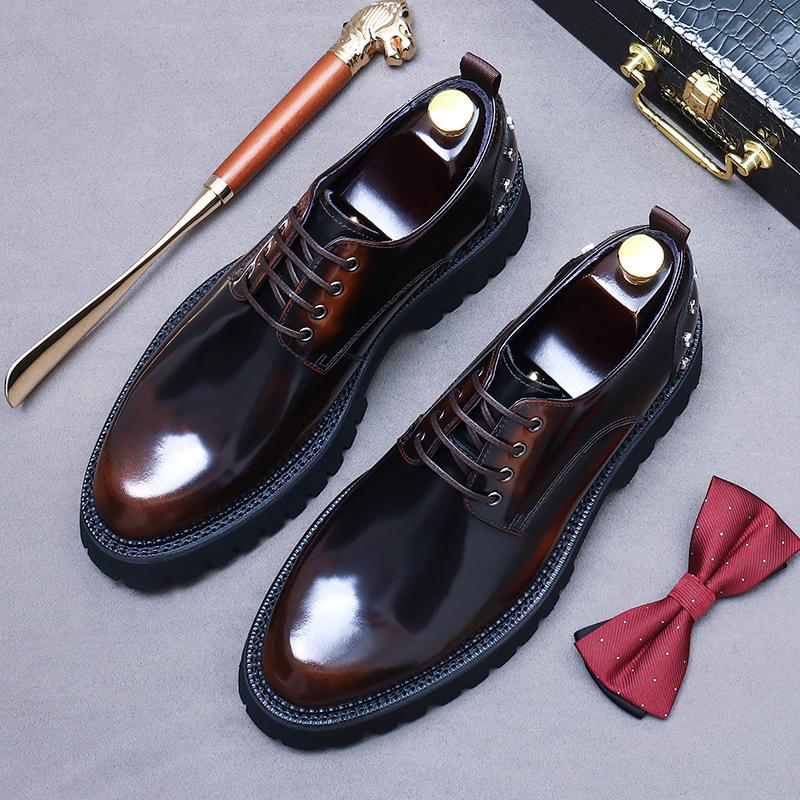 Men's New Business Dress Leather Shoes Platform Round Head Leather Men's Shoes Casual Wedding Shoes