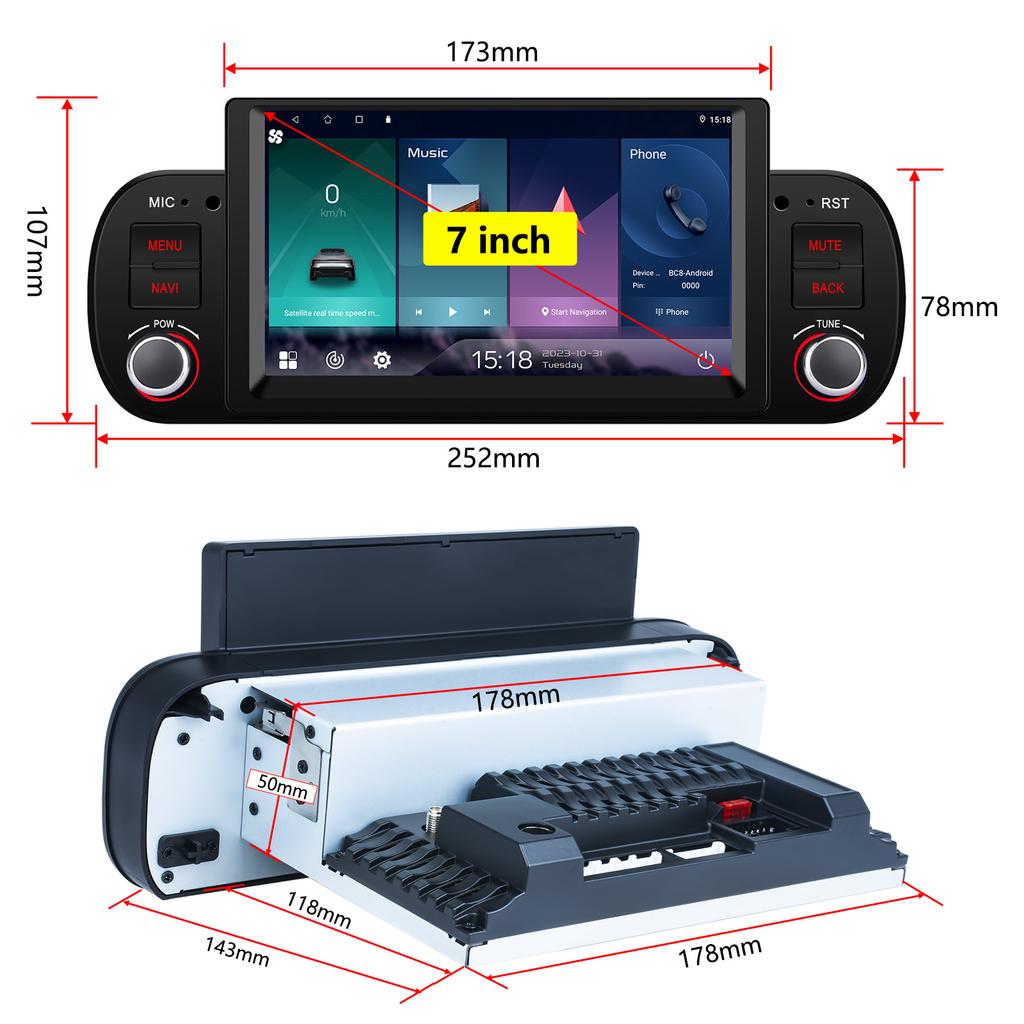 Radio multimedia para Fiat Panda 2013-2020 con Android, vídeo, estéreo, Android Auto, Carplay, GPS, DVD, unidad principal de 7 pulgadas, 1 DIN