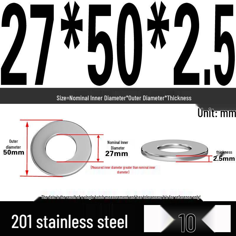 201 Stainless Steel Flat Washer Shim, GB97, Sizes M3 to M30