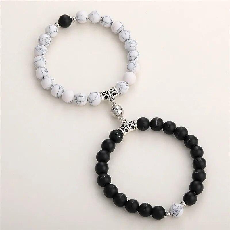 Trendy Couple 2Pcs/Set Natural Stone Beads Love Heart Magnetic Bracelet For Women Men Charm Peach Beaded Bracelets Jewelry Gifts