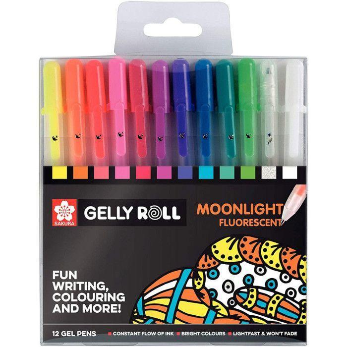 Set of 12 Gel Pencils - SAKURA - Gelly Roll Moonlight - Fluorescent - Glittery - Fine Tip