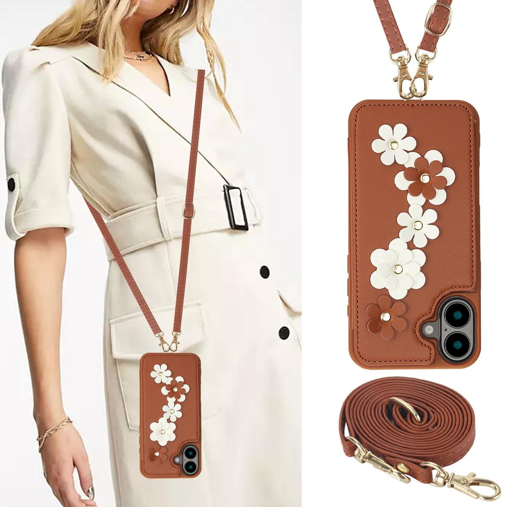 Applicable to iPhone16E multi-function mobile phone case 17Pro flower card holder anti-drop diagonal span rope portable rope
