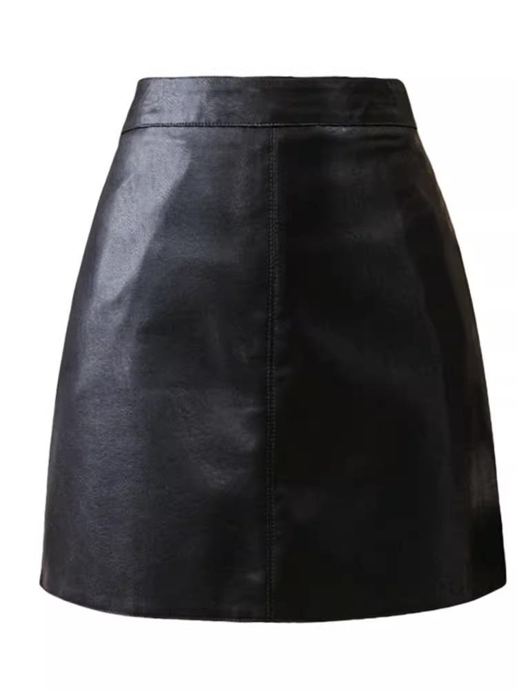 Autumn/Winter 2023 Women's PU Leather A-Line Skirt - High Waist, Slim Fit, Knee-Length, Casual Korean Style