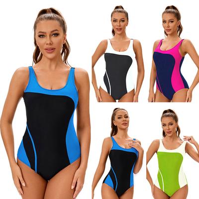 Women's Color Block One-Piece Swimsuit with Racerback Design - Nylon Swimwear for Beach Pool and Active Water Activities
