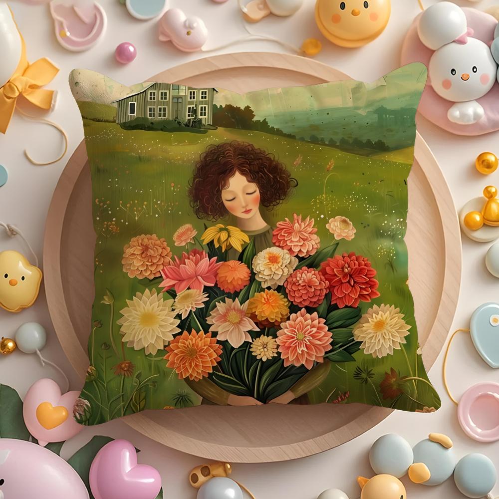 The girl is holding flowers Cushion Cover Short Plush DoubleSided Printing Home Machine Washable in Warm Winter Pillow Cover