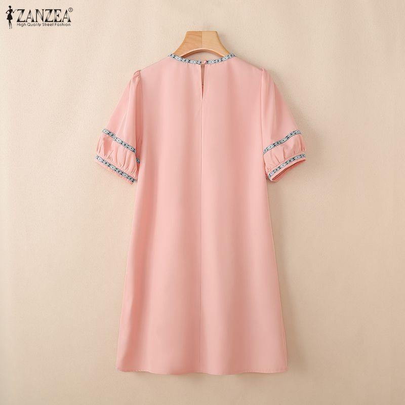 ZANZEA Kadın Rahat Yuvarlak Yaka Yaz Kısa Kollu Elbise
