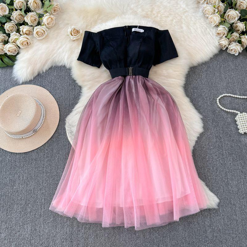 

Fancy Special-Interest Design Contrast Color off-Shoulder Dress Summer Women s Clothing Small Mesh Cinched Princess Dress Pink Black XL