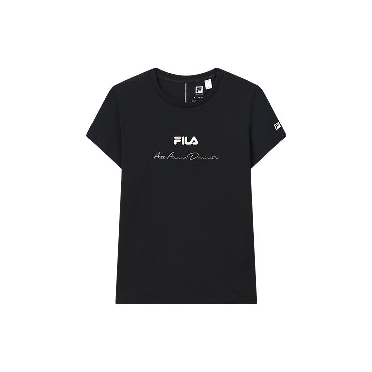 FILA Athletics Solid Logo Print Sports Casual Knit Short Sleeve T-Shirt American Vintage Women Tops Deep-Black A11W211117FBK