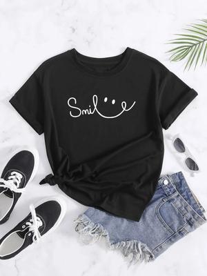 Smile Print Crew Neck T-shirt, Casual Loose Short Sleeve Fashion Summer T-Shirts Tops, Unisex's Clothing