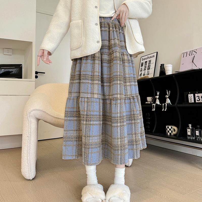 Roter Karorock für Damen im Herbst und Winter Neuer Elastischer Hoher Bund Schlankmachender Puffiger Plissierter Langer Rock Mittellang