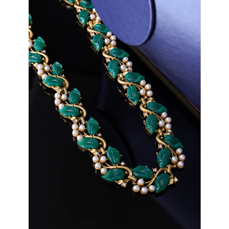 KEQIU Retro Style Leaf Design Elegant Pearl Design Bracelet Earrings Necklace High-end Vintage Jewelry Set