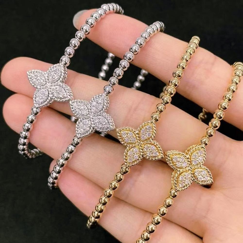 Vintage Morgan Flower Elastic Double Sided Flip Bracelet Brushed Diamond Clover Bangle for Women