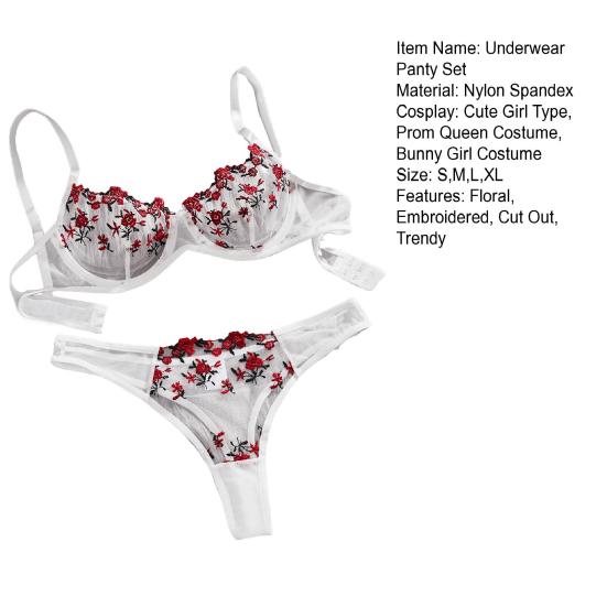 2Pcs/Set Sexy Floral Embroidered Bra Briefs Set Adjustable Straps Cut Out Unpadded Underwear with Mid-Rise Panties