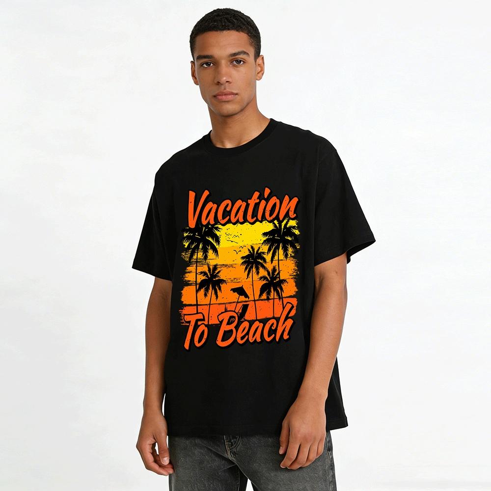 Retro Beach Vacation Print Tee Coconut Tree Sunset Holiday Top Pure Cotton T-shirt